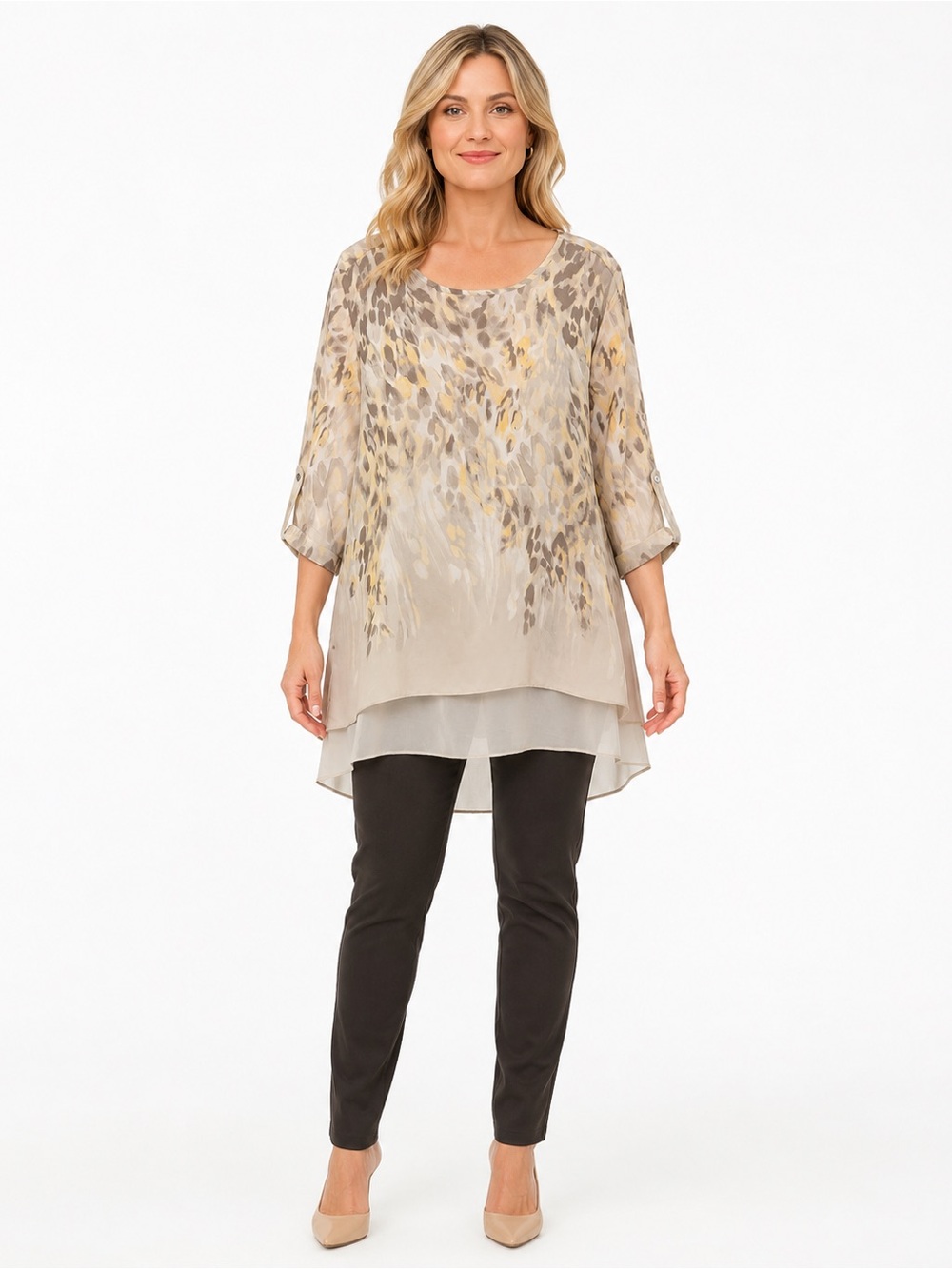Chico's Taupe & Beige Layered Animal-Print Scoop Neck Tunic